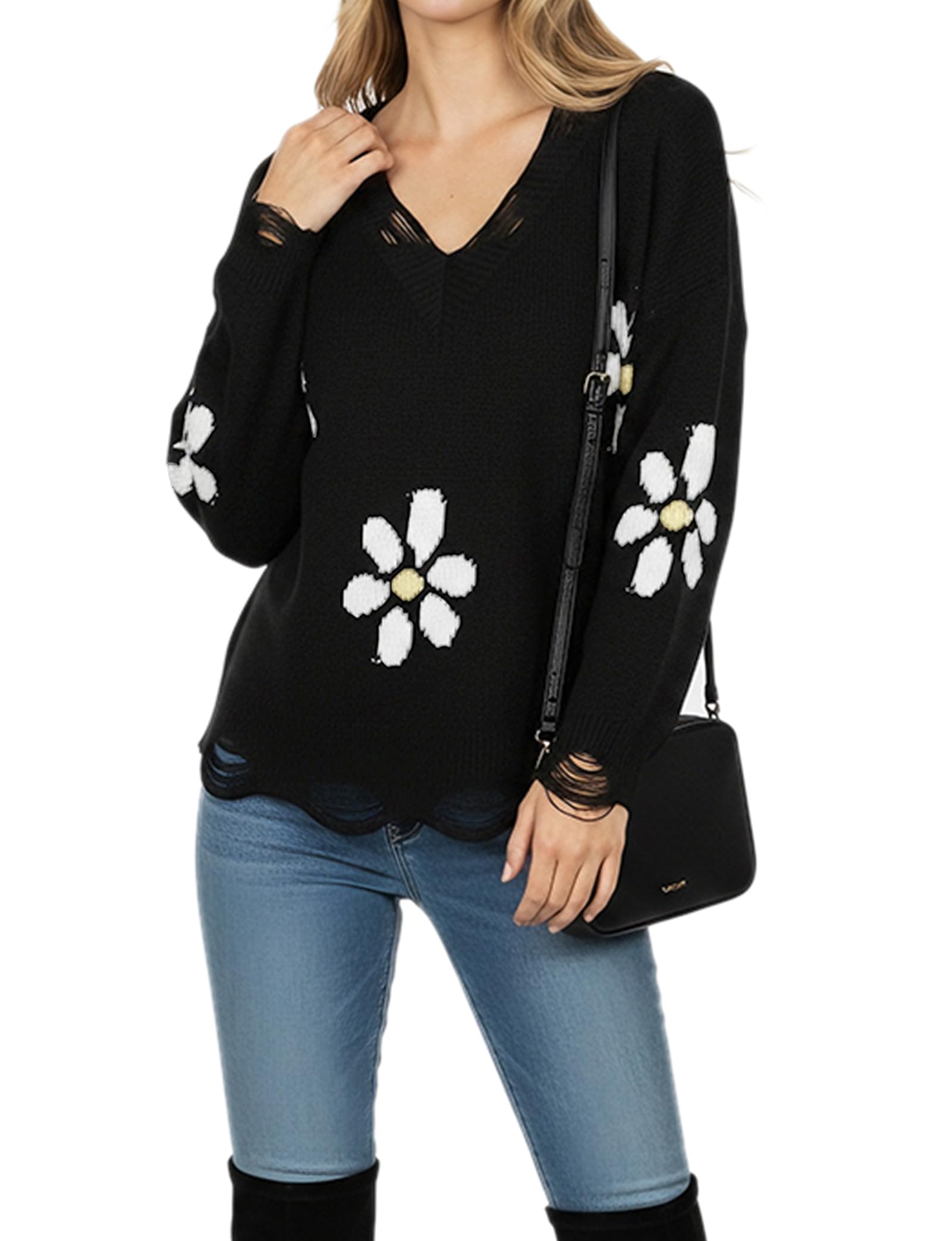 Maxure Womens V Neck Raw-Edge Fuzzy Sweater Trendy Long Sleeve Ribbed Knit Pullover Sweaters Dressy Casual Tops Clothes