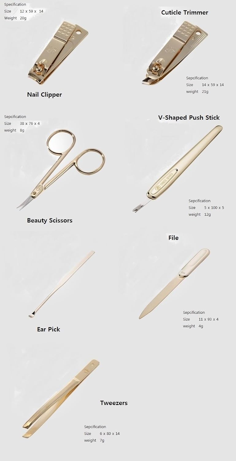 World No. 1. Three Seven (777) Travel Manicure Grooming Kit Nail Clipper Set (7 PCs, TS-4112G), MADE IN KOREA, SINCE 1975.