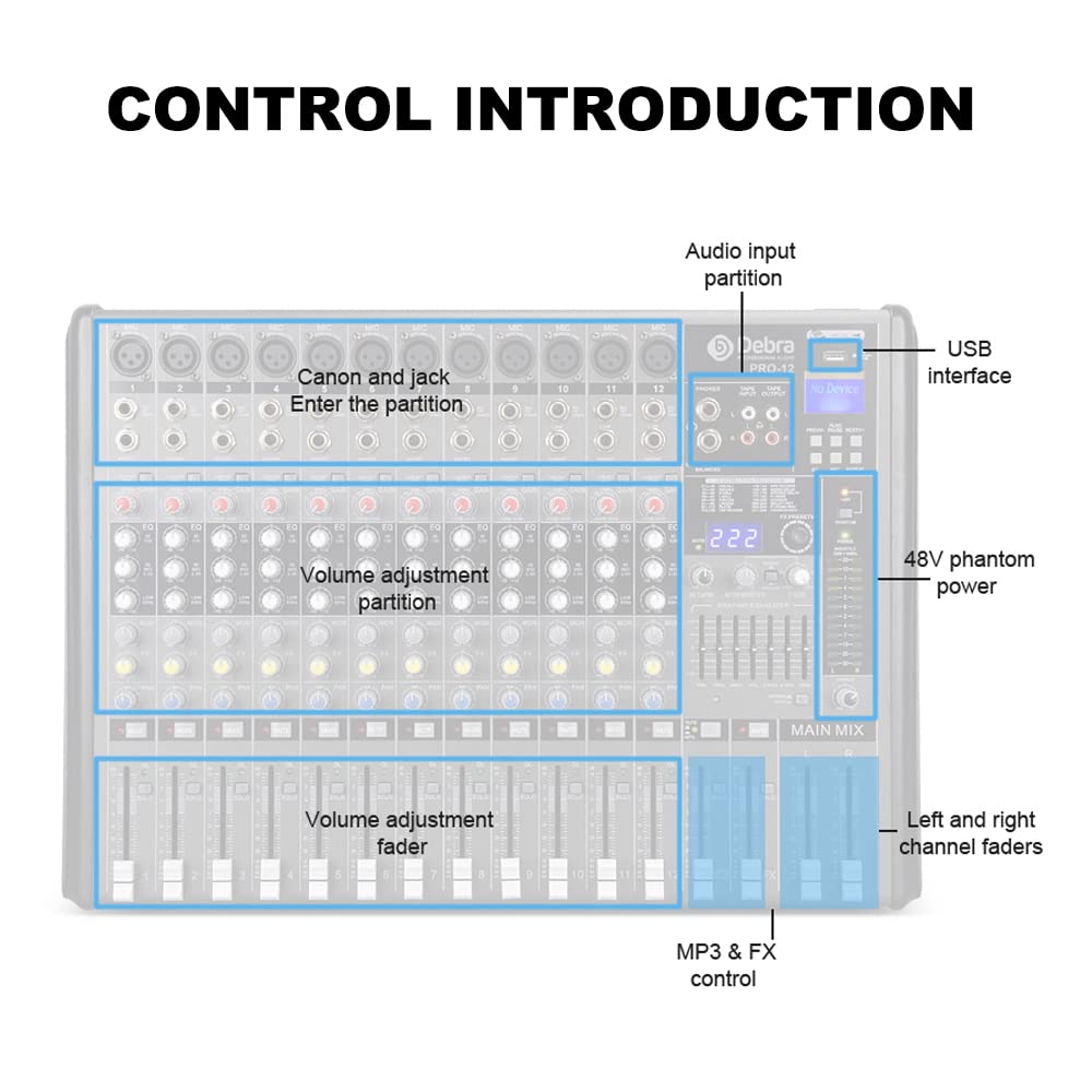Mezclador de audio for DJ 12 canales con MP3, USB, Bluetooth, alimentación fantasma 48 V, 16 efectos eco DSP, mezclador profesional 7 bandas for conciertos