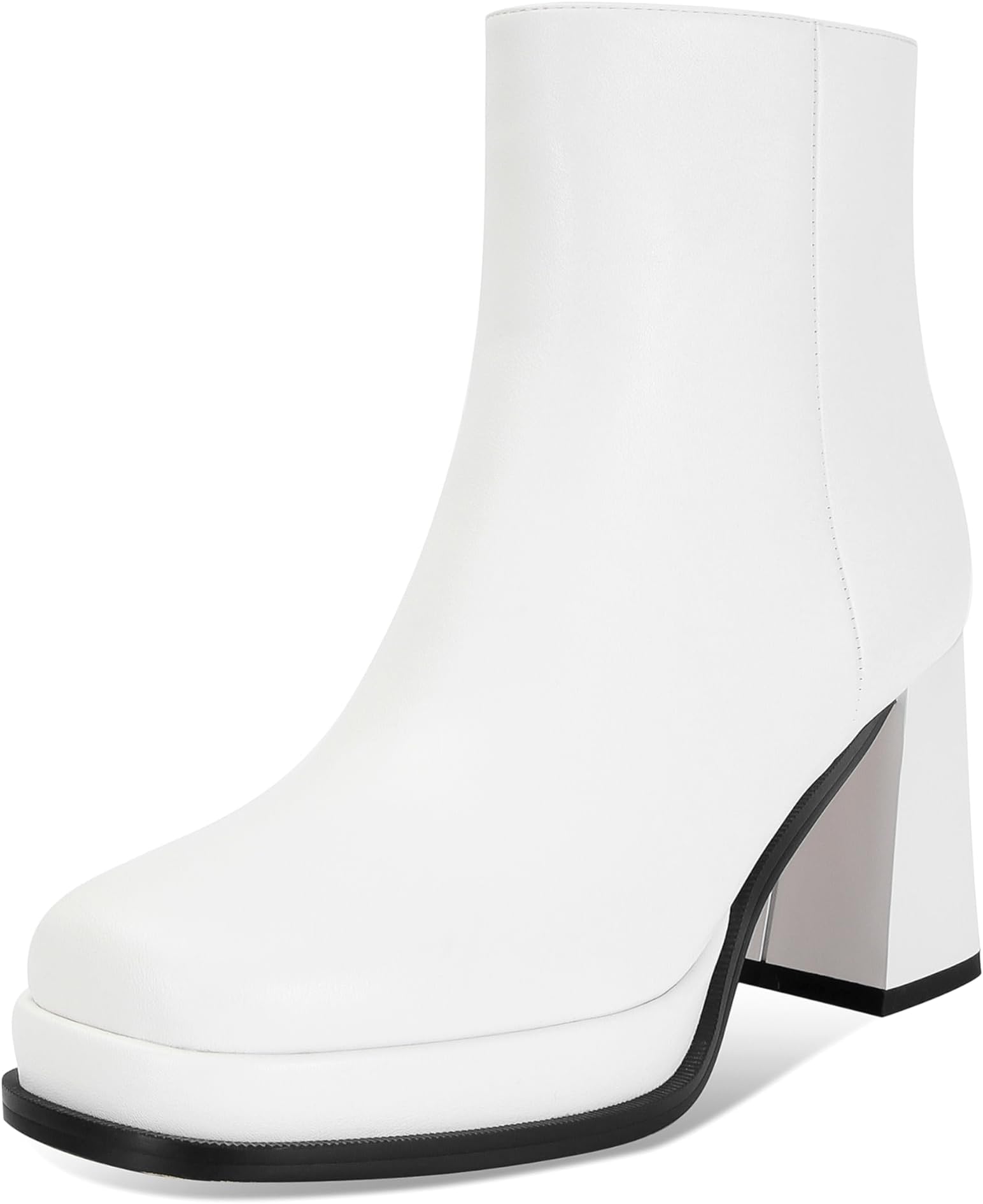 Women's Black Leather Platform GoGo Ankle Boots Square Toe High Chunky Block Heels with Back Zipper Comfort Party Dress Booties Shoes