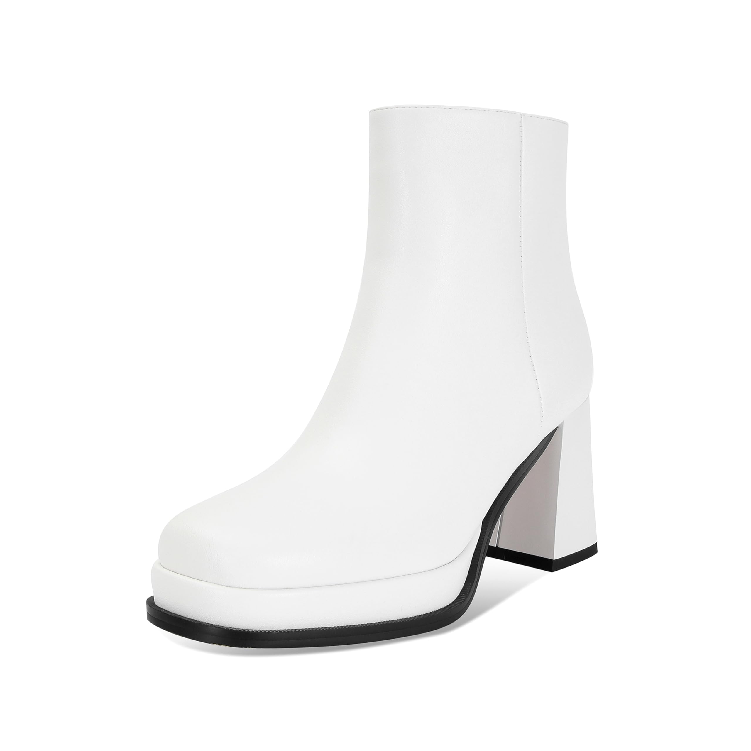 Womens Black Leather Platform GoGo Ankle Boots Square Toe High Chunky Block Heels with Back Zipper Comfort Party