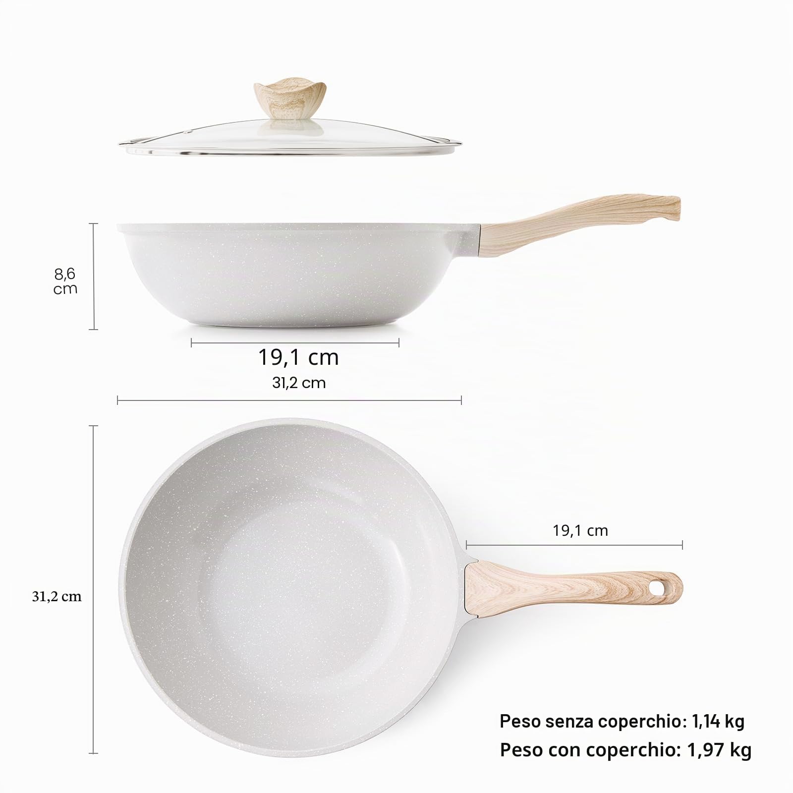 Kordisen Wok Ceramica 30 cm, Wok a Induzione con Coperchio, Rivestimento Antiaderente, Adatto a Tutti i Piani Cottura, Senza PFOA e PFAS (Grigio)