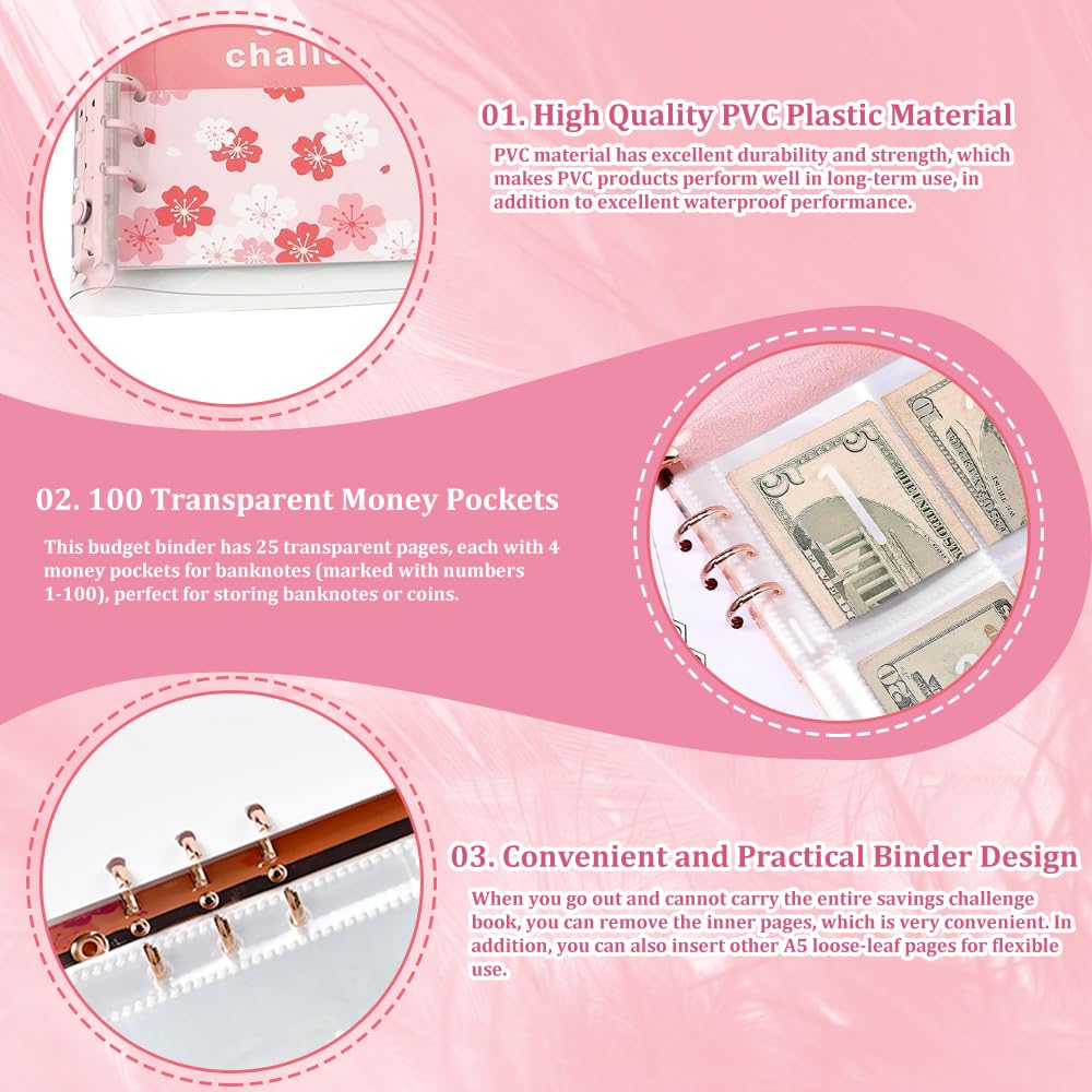 A5 Raccoglitore per Risparmiare Denaro con Buste Trasparenti, Diario Money Saving, Risparmio Divertente €10000/€5050/€500 - Rosa