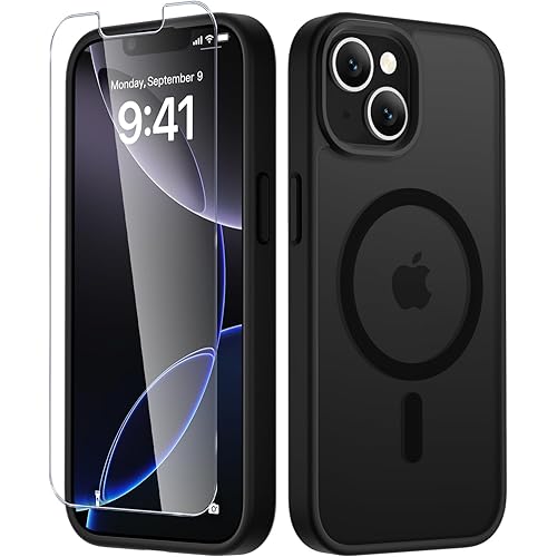 LATVIN for iPhone 14 Case & iPhone 13 Case, Magnetic Phone Cover with 1 Screen Protector, Compatible with MagSafe, Military Grade Protection, Translucent Matte Frosted Back, Black