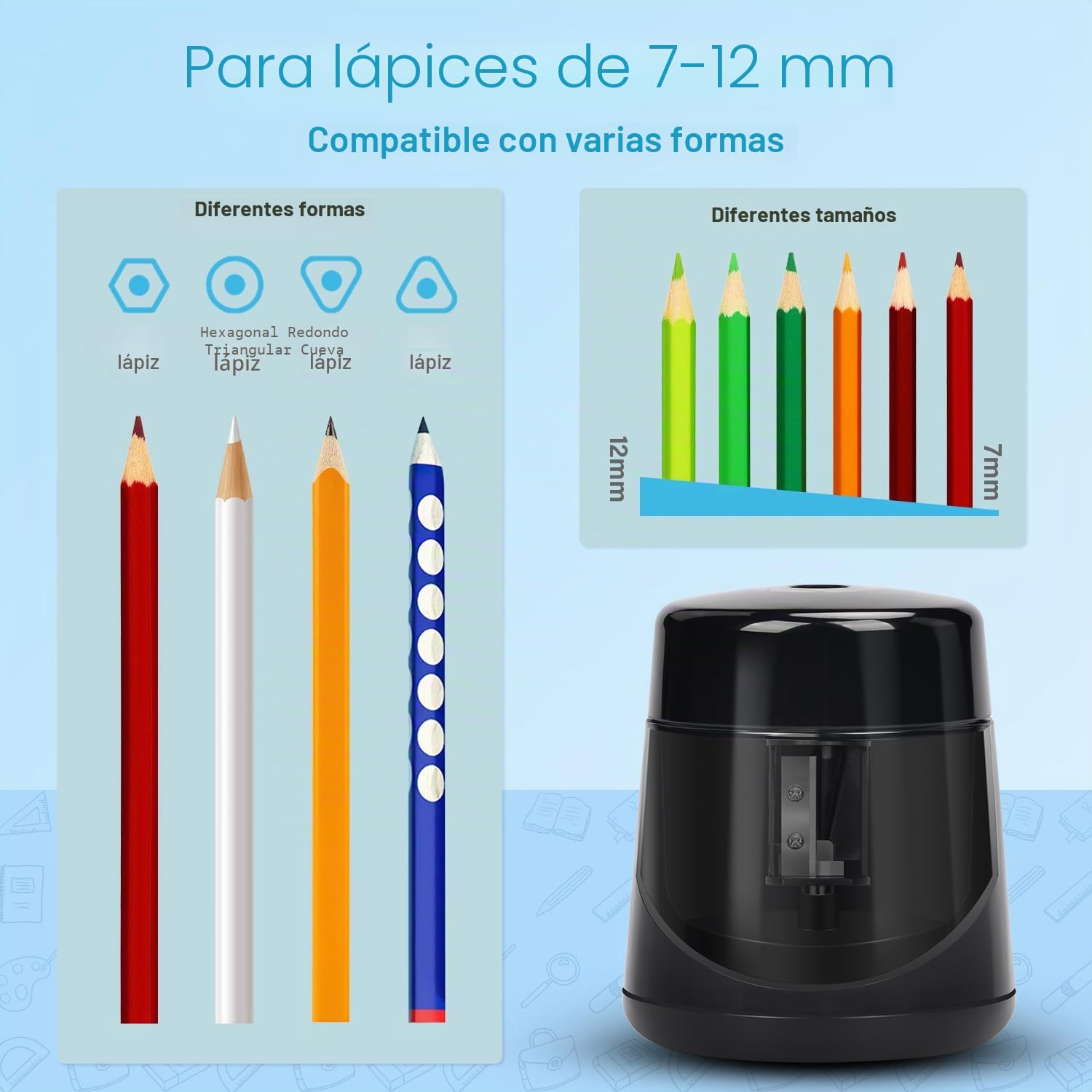 Sacapuntas Eléctrico Profesional Recargable con Contenedor para Lápices de 7-12 mm - para la Escuela, Hogar y Oficina