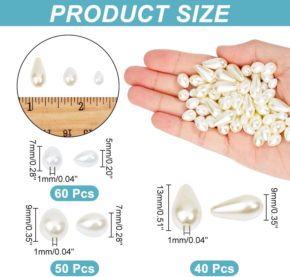 arricraft 150 Pcs Glass Pearl Beads Strands, Eco-Friendly Teardrop Shape Faux Pearl Beads Chain for Decoration DIY Crafts Jewelry Making 3 Colors - Image 2