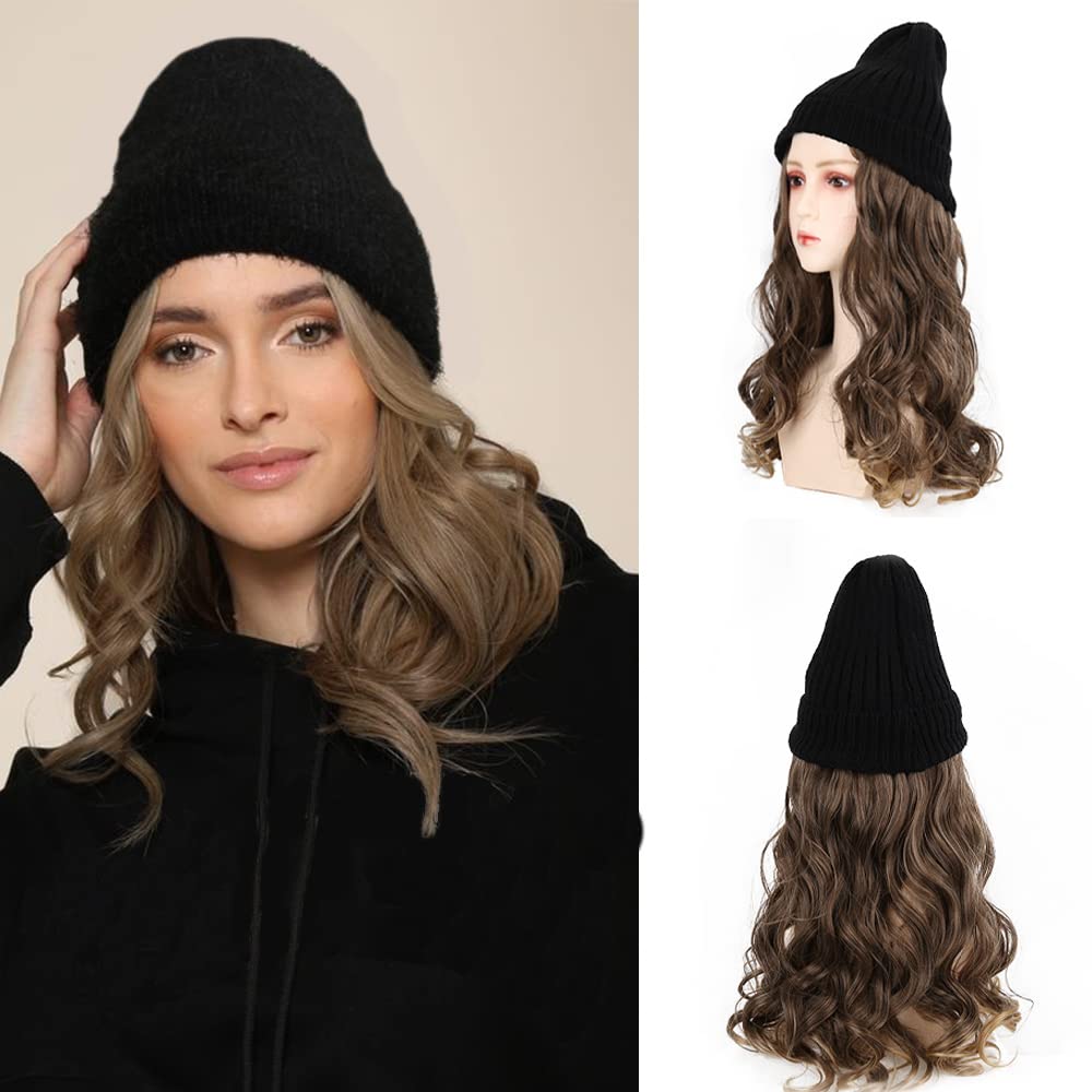 Seeano Hat Wig Beanie Hat Knit with Long Wavy Curly Hair