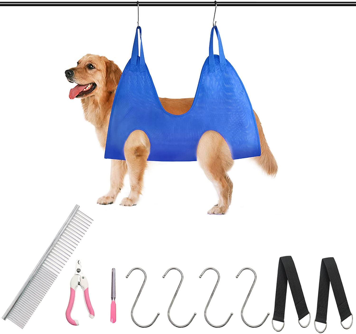 Pet Grooming Hammock Dog Grooming Hammock Harness Dog Holder for Grooming Suitable for Pet Nail Trimming Ear/Eye Care Including Pet Nail Clippers Files Combs (Blue)