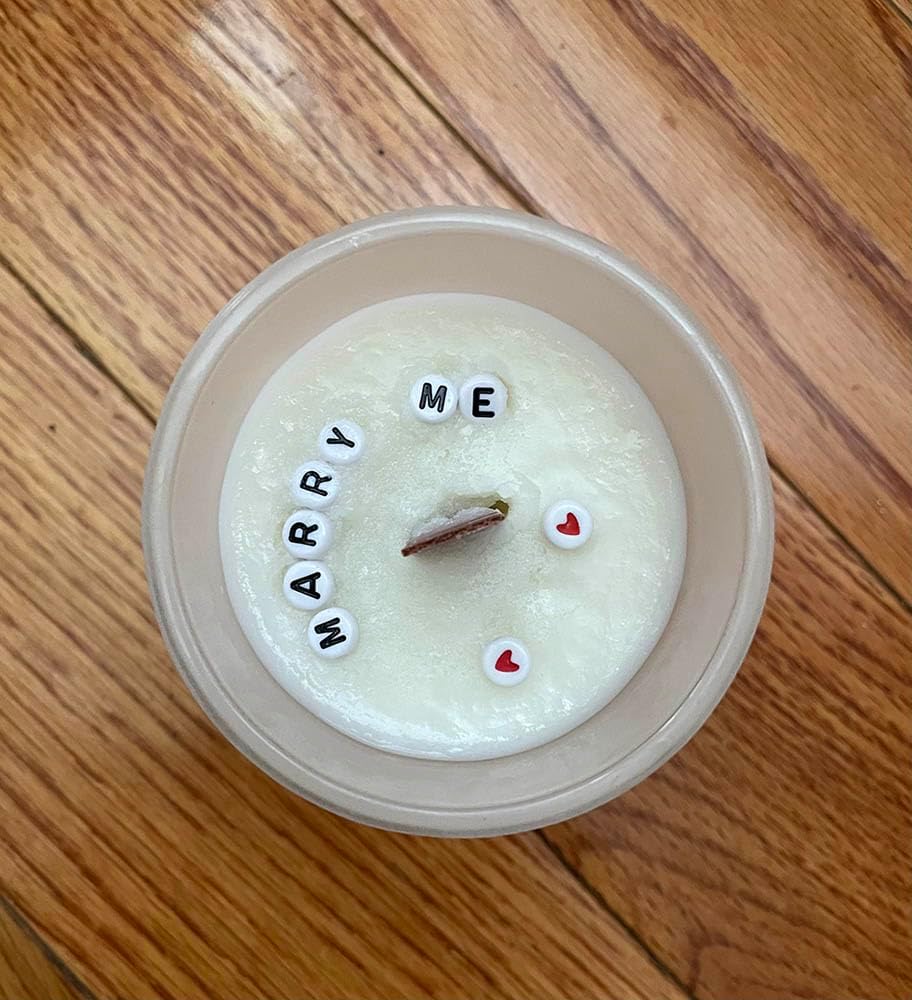Candles by IrynaScented Candle with a Message Inside - Marry me - Secret Candle with Lavender Scent - Handmade Soy Wax Scented Candle with Wooden Wick Holder, White