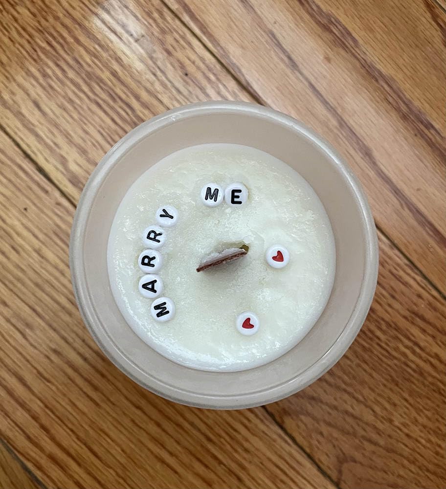 Candles by IrynaScented Candle with a Message Inside - Marry me - Secret Candle with Lavender Scent - Handmade Soy Wax Scented Candle with Wooden Wick Holder, White