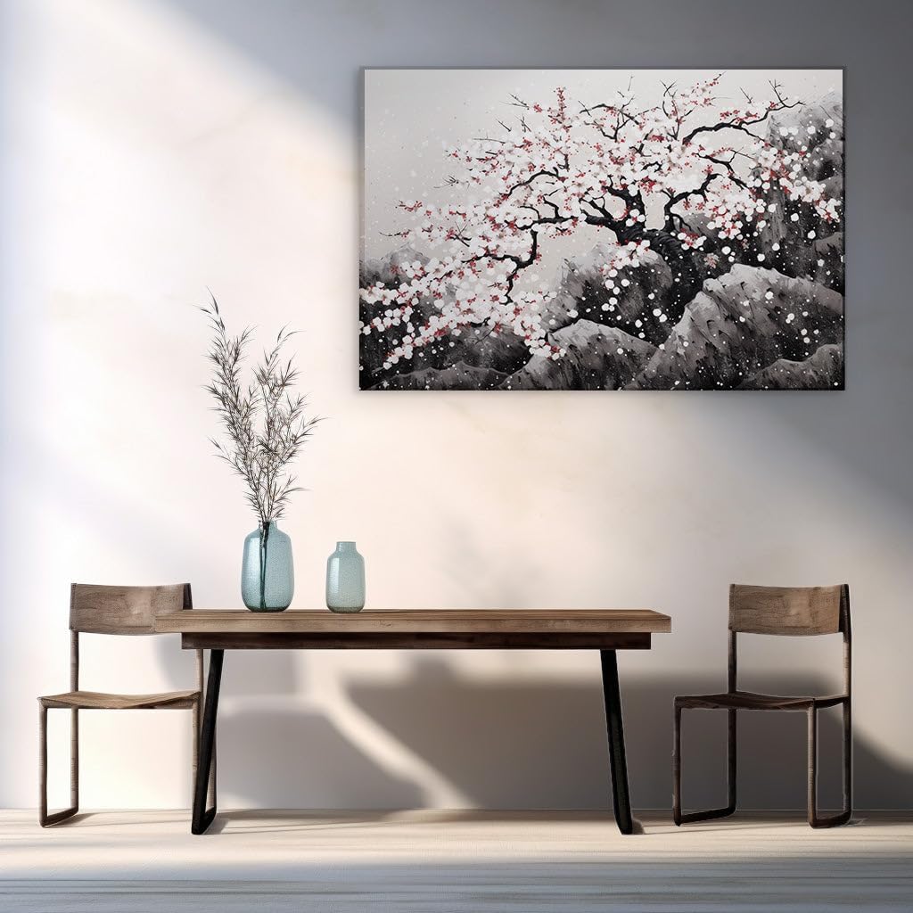Canvas for Living room. Blossoming Serenity: A Vivid Tree Amidst Tranquil Snow-Capped Mountains, 27 x 18 inch Canvas Wall Art - Contemporary Masterpieces - Modern Home Decor - 69x46 cm (27x18 inch)