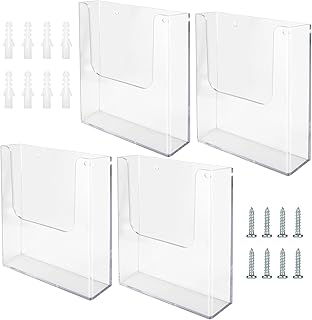 ZOFUN 4 Pcs A4 Wall Mounted Leaflet Holders, Clear Wall Mounted Document Holder with 8 Pcs Screws & 8 Pcs Expansion Tubes, Acrylic Wall Mounted Magazine Racks for Restaurant Menu Office Files Magazine