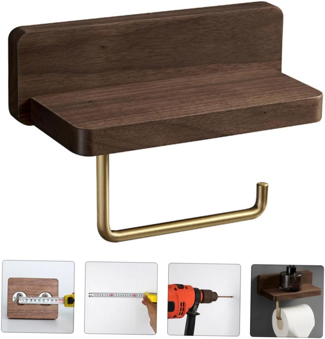 Solid Wood Toilet Paper Rack with Brass Accents Wall-Mounted Bathroom Tissue Holder with Phone Shelf Easy Installation Smooth Surface for Bathroom Organizer and Storage