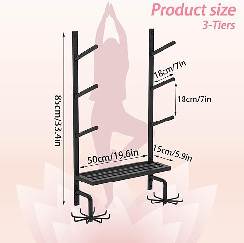 Miniatura 2 de Soporte de pared para esterilla de yoga, con estantes y ganchos, soporte grande para esterilla de yoga, ahorro de espacio, estante de gimnasio en