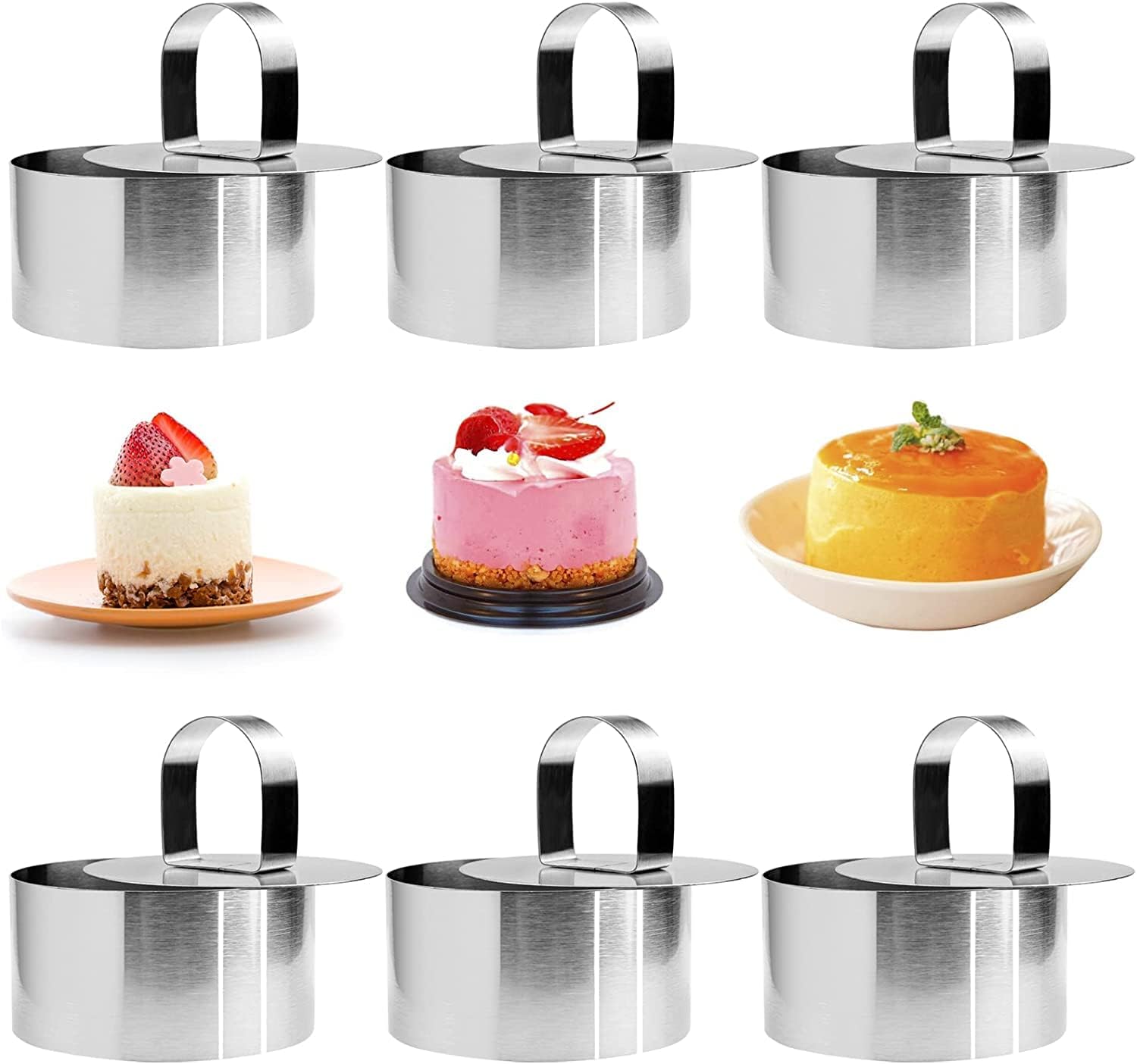 6 Pieces Round Cake Ring Mold, 3 inch Stainless Steel Dessert Mousse Mould with Pusher & Lifter, Mini Pancake Pastry Baking Ring Mold