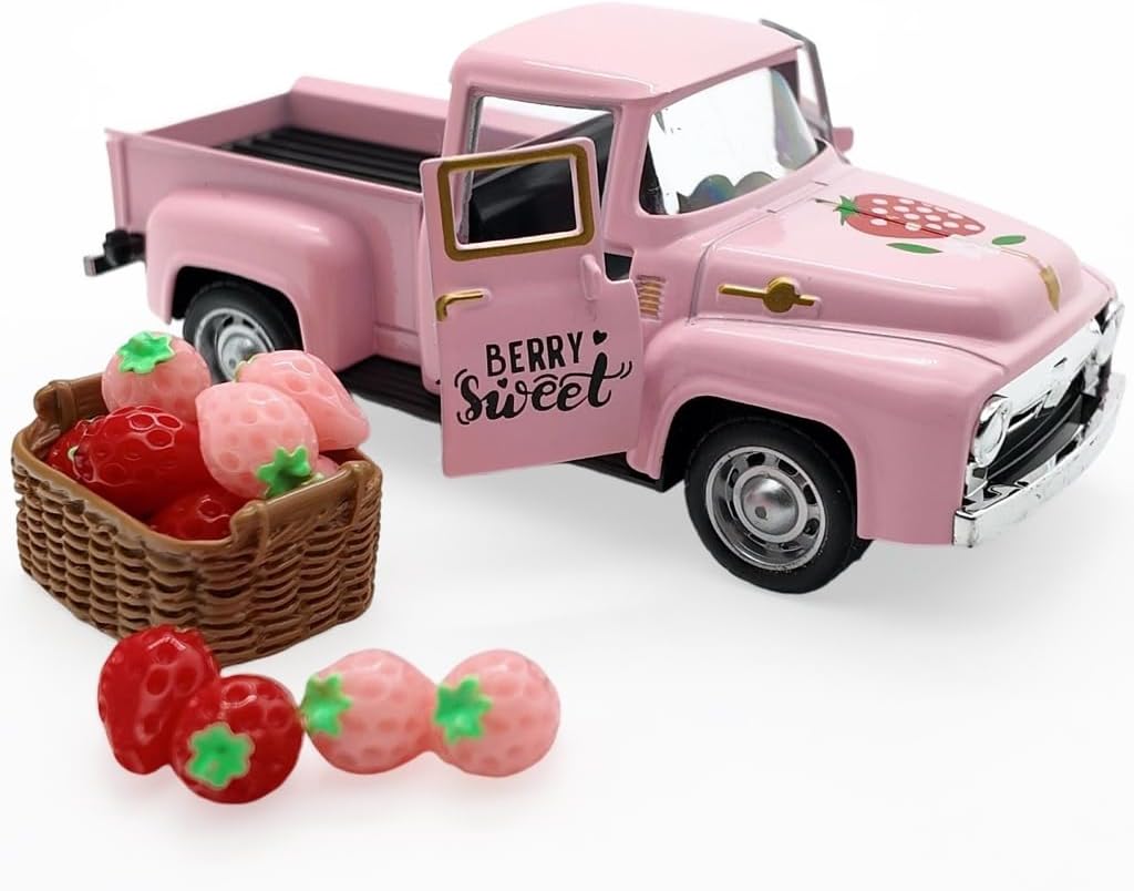 Strawberry Truck Alloy Miniature Model with Faux Strawberries Home Decors Collectible Item