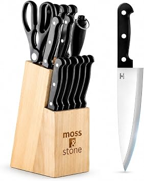 Moss & Stone 14 Pcs Kitchen Knife Set with Block, Stainless Steel | Premium forged kitchen knives with high-carbon sharp blades, ergonomic handle, rust-resistant knife block set for home & chef
