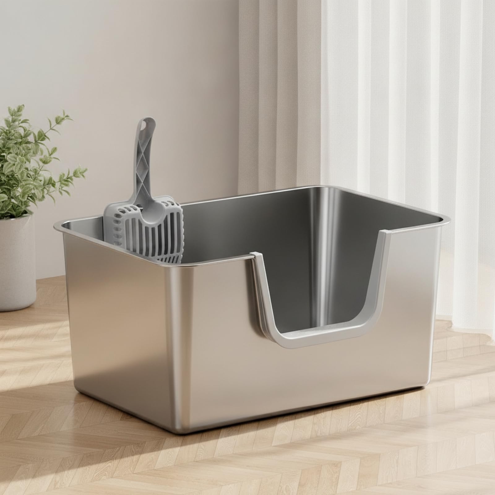 Lettiera in Acciaio Inox con Paletta, Grigio Chiaro, Apertura Laterale, Con Paletta Per Lettiera Extra Large E Adesivi Antiscivolo