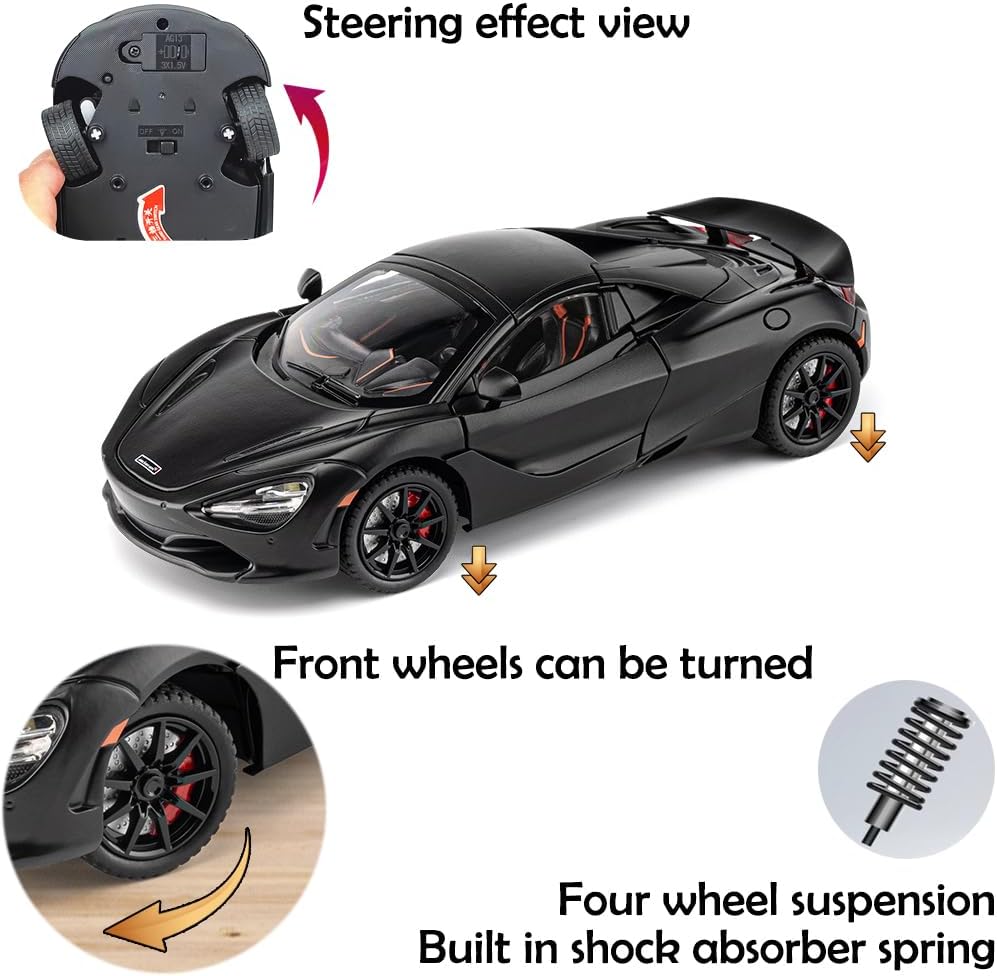Toy Cars 720s Roadster Model 1/24 Black Alloy Collectibles Die-cast Vehicles with Sound and Light