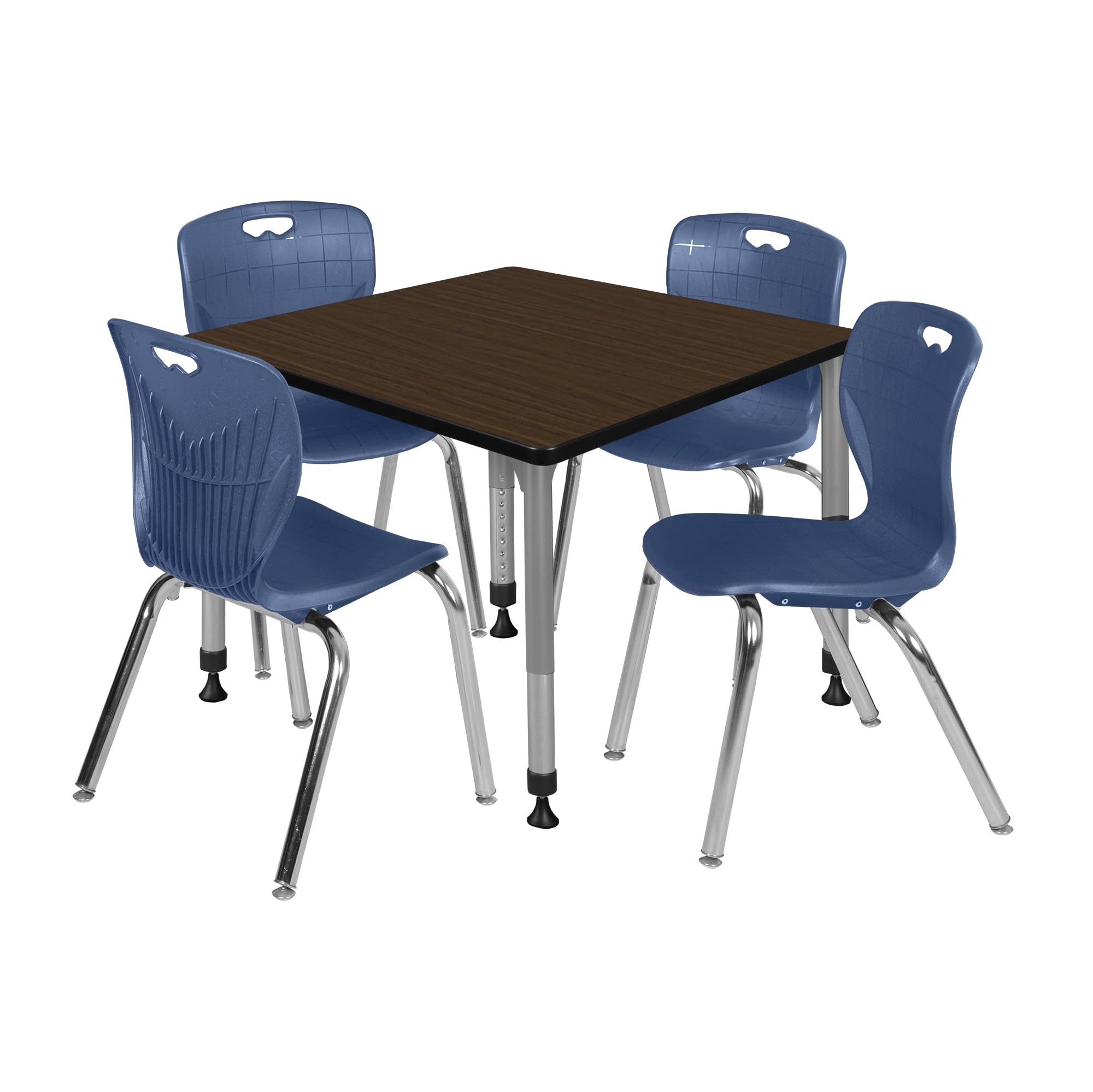 Regency Kee 42 in. Square Adjustable Classroom Table- Neo Walnut Top, Grey Base & 4 Andy 18 in. Blue Stack Chairs