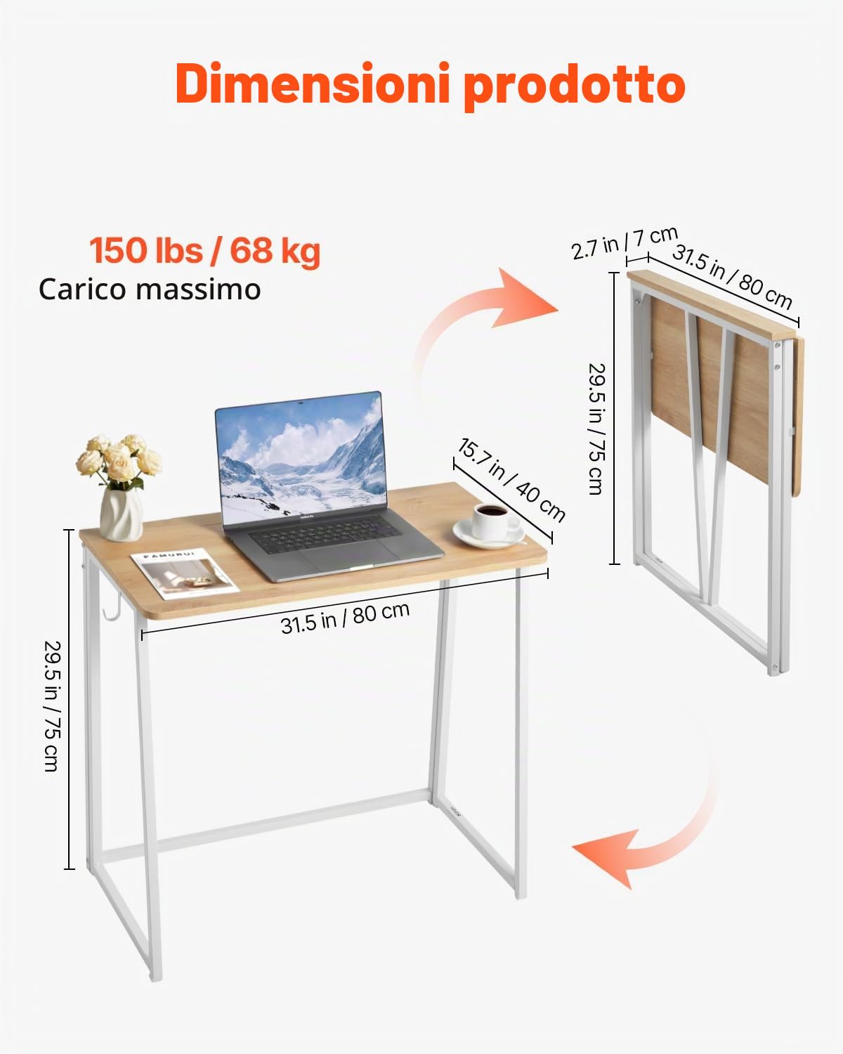 VEVOR Scrivania Pieghevole, Tavolo Piccolo da 80 cm, Tavolo per Computer, Robusto Pannello di Particelle con Ganci Portaoggetti, Postazione di Lavoro per Ufficio Domestico, Facile da Montare, Rovere