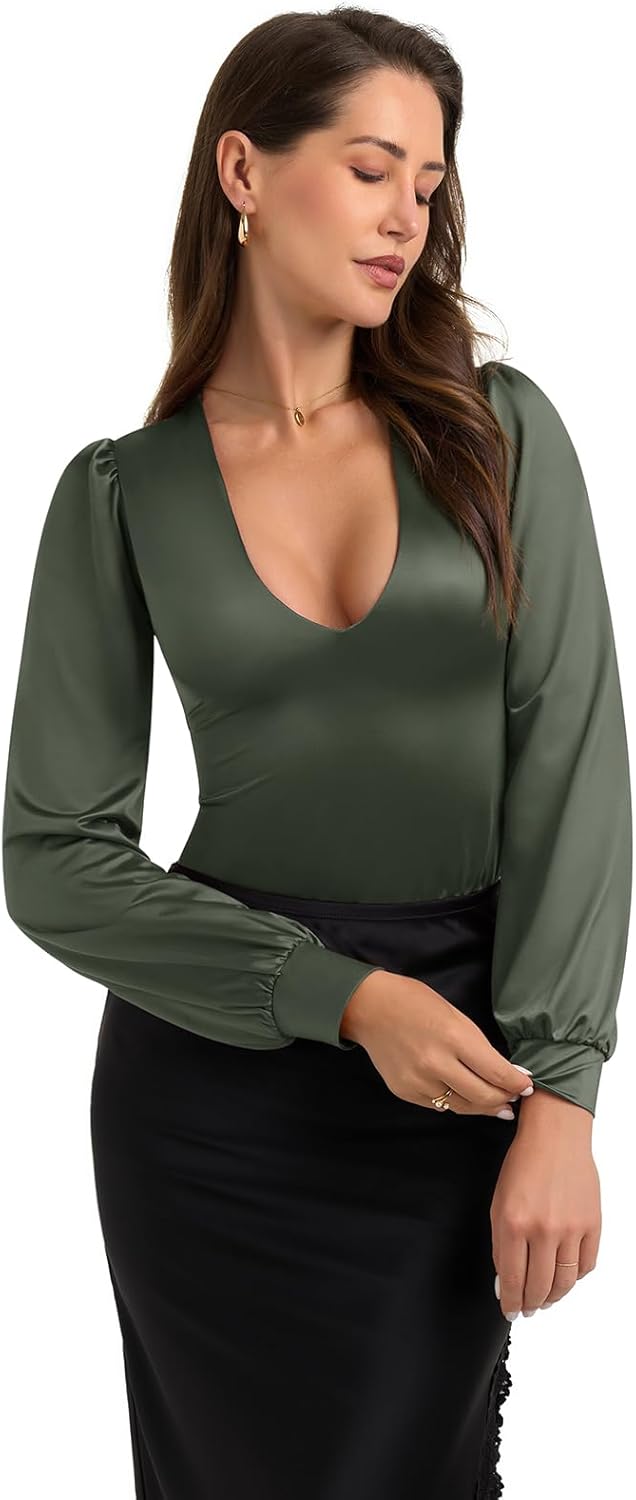 PINKMSTYLE Womens Sexy Satin Silk Plunge V Neck Puff Long Sleeve Bodysuit Going Out Outfit - Image 4