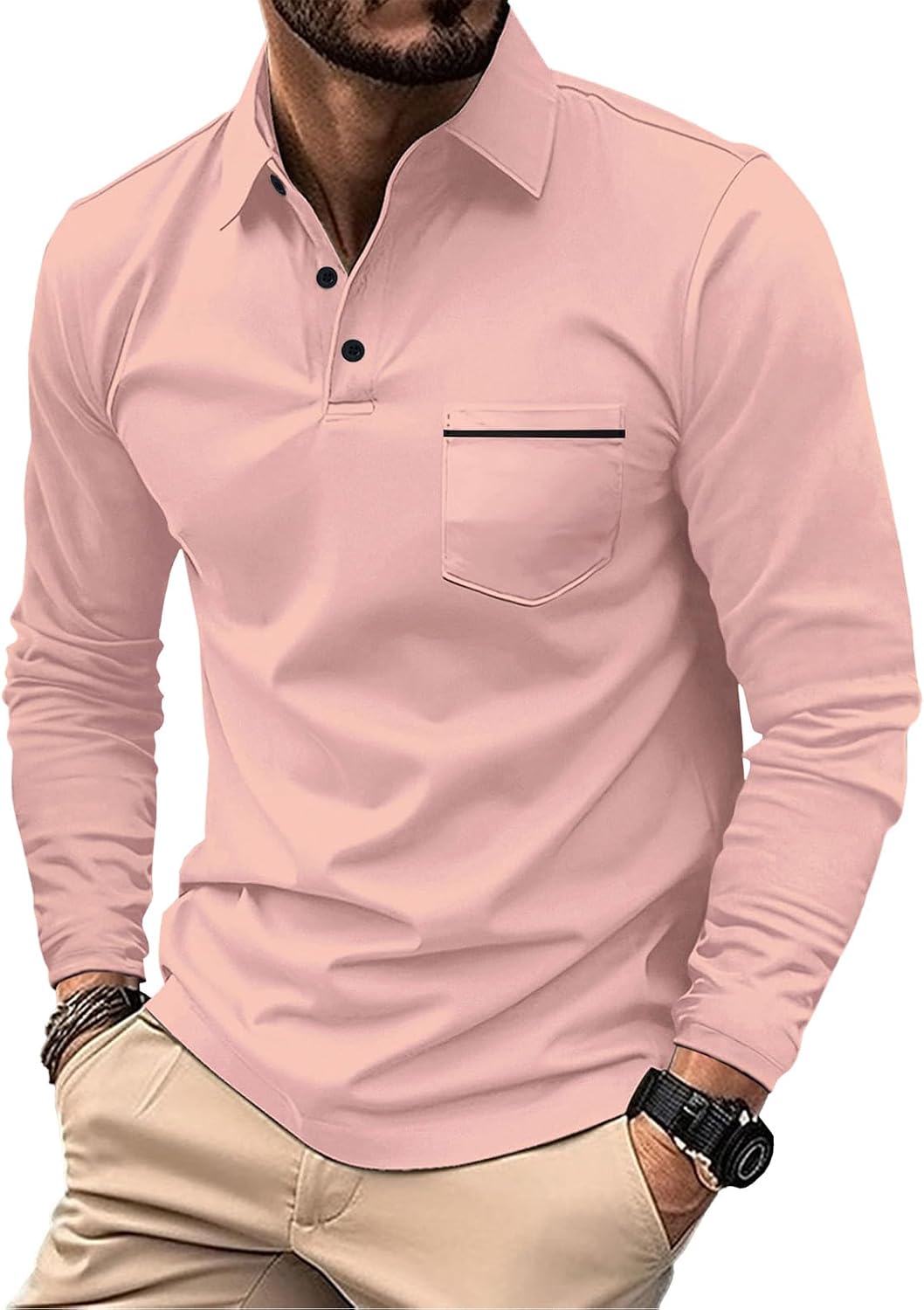 DEEX Men's Long Sleeve Polo Shirts 2026 Fashion Casual Polo T Shirt Slim Fit Shirt Collared Office Work Golf Polo Shirt