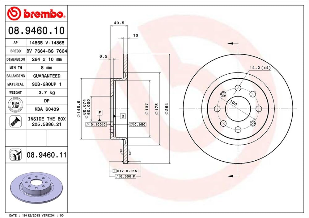 Brembo 08.9460.11 - Disco Freno con Verniciatura UV (Set di 2) - Posteriore