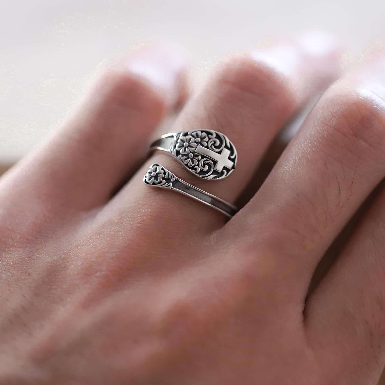925 Sterling Silver Turquoise Cross Spoon Ring - Oxidized Vintage Flower Faith Rings Adjustable Size Inspirational Jewelry