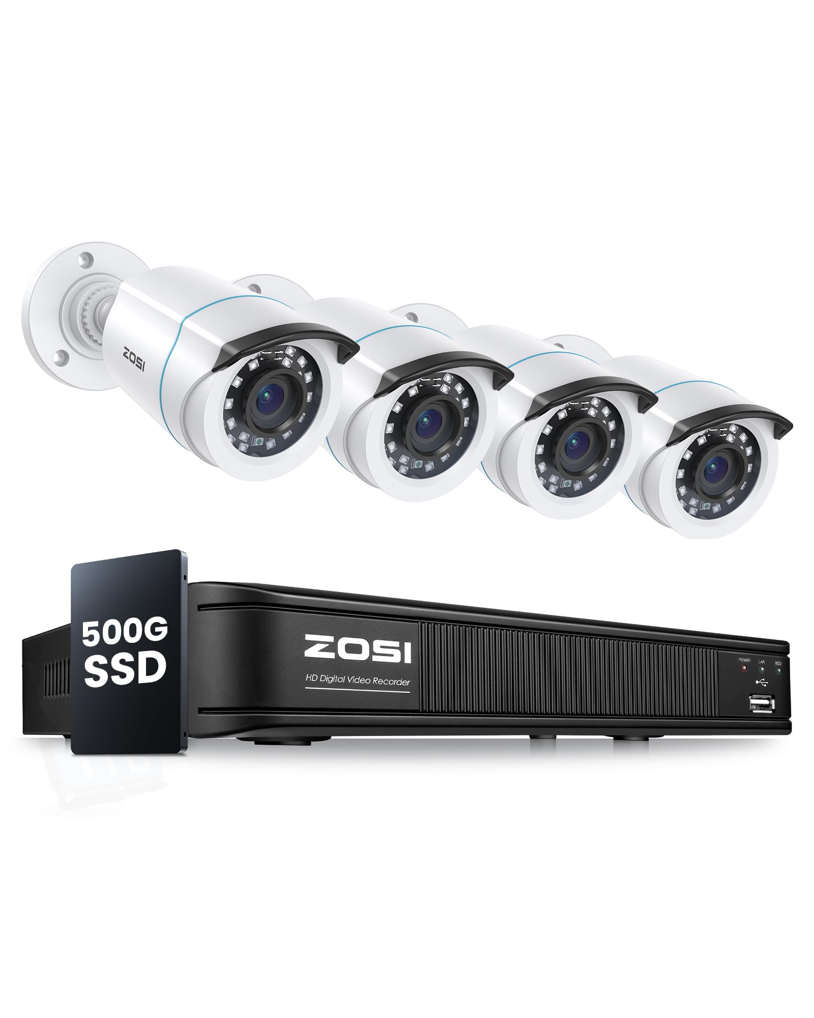 ZOSI 1080p Wired CCTV Security Camera System, 8CH 5MP H.265+ Lite CCTV DVR with 500GB, 4 x 2MP Weatherproof Home Surveillance Cameras Outdoor Indoor, AI Human Vehicle Detection, 80ft IR Night Vision