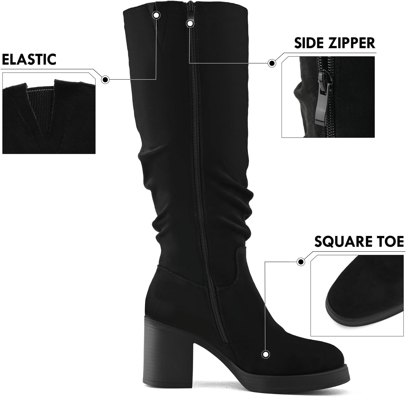 Shoe'N Tale Knee High Boots for Women Chunky Heel Platform Slouchy Stretchy Suede Round Toe with Side Zipper Fall and Winter Fashion Comfortable Boots