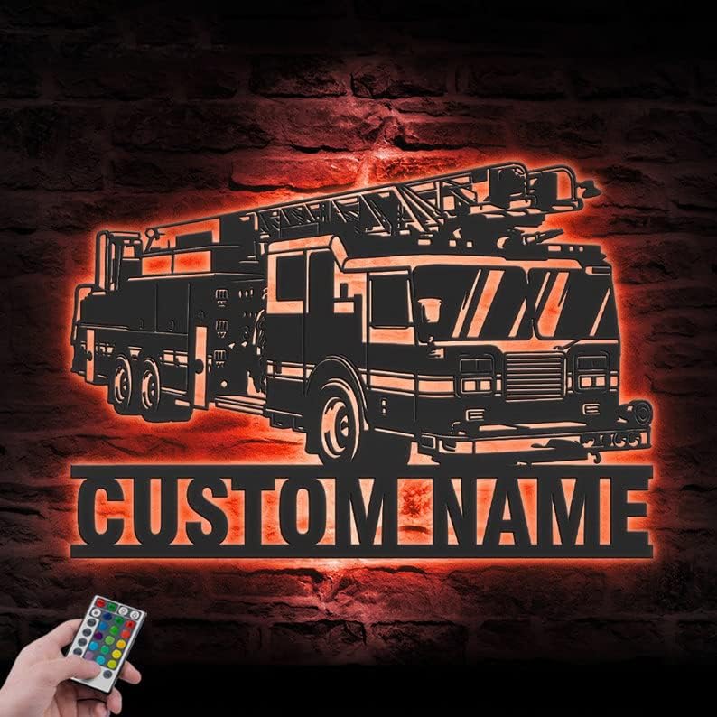 Custom Engine Fire Truck Driver Metal Wall Art LED Light Personalized Fireman Name Sign Home Decor Firefighter Decoration Birthday Xmas Gift 60