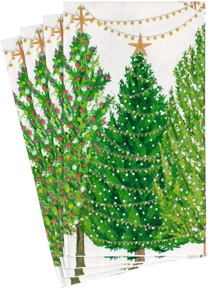 Caspari Christmas Trees with Lights Paper Guest Towel Napkins - Four Packs of 15