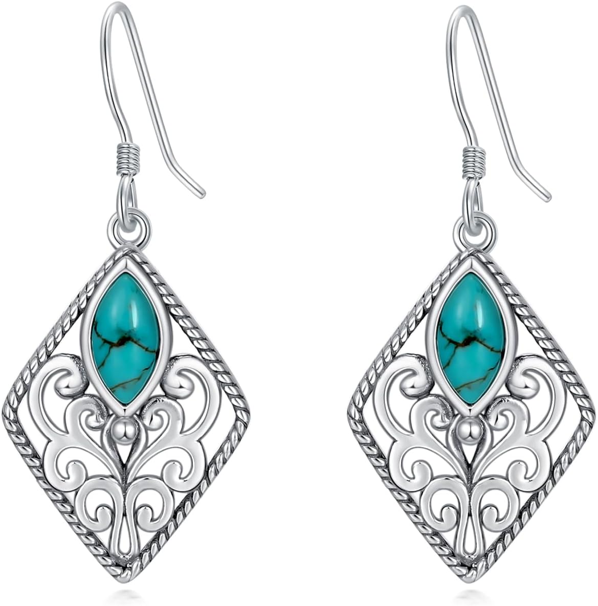 Vintage Boho Marquise Shaped Genuine Turquoise Hook Earrings 925 Sterling Silver Turquoise Dangle Hook Earrings for Women Gifts