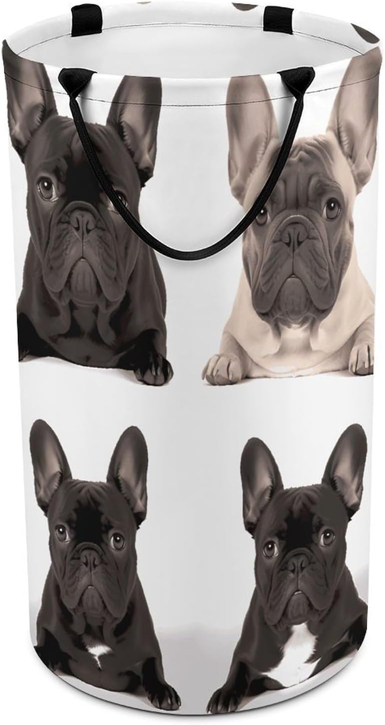 French Bulldog Laundry Hamper with Handles Waterproof Collapsible Laundry Basket Large Lightweight Round Dirty Clothes Hamper for Home Dorm Bathroom Decor