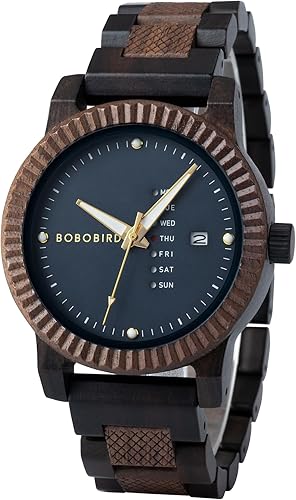 BOBO BIRD Reloj de madera para hombre, analógico, de cuarzo, con pantalla de semana, ligero, hecho a mano, para hombre