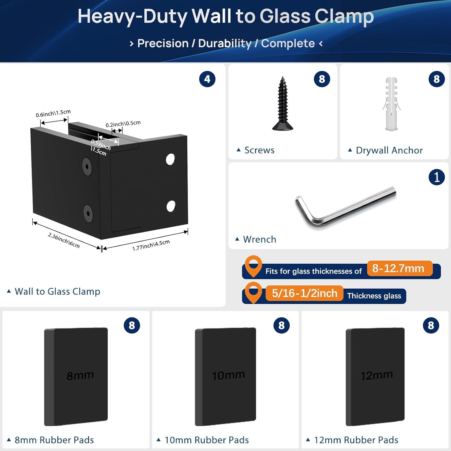 LukLoy 4 Pack Wall to Glass Clamp, Matte Black 304 Stainless Steel Glass Railing Clamp for 5/16" to 1/2" Thick Panels, No Drill Brakcet Clips for Balustrade Railing Pool Fence (4, F Shape)