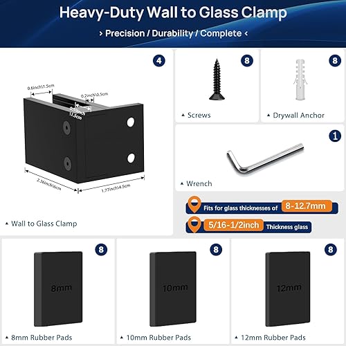 Miniatura 4 de LukLoy Paquete de 4 abrazaderas de pared a vidrio, abrazadera de barandilla de vidrio de acero inoxidable 304 negro mate para paneles de 5/16 a 1/2
