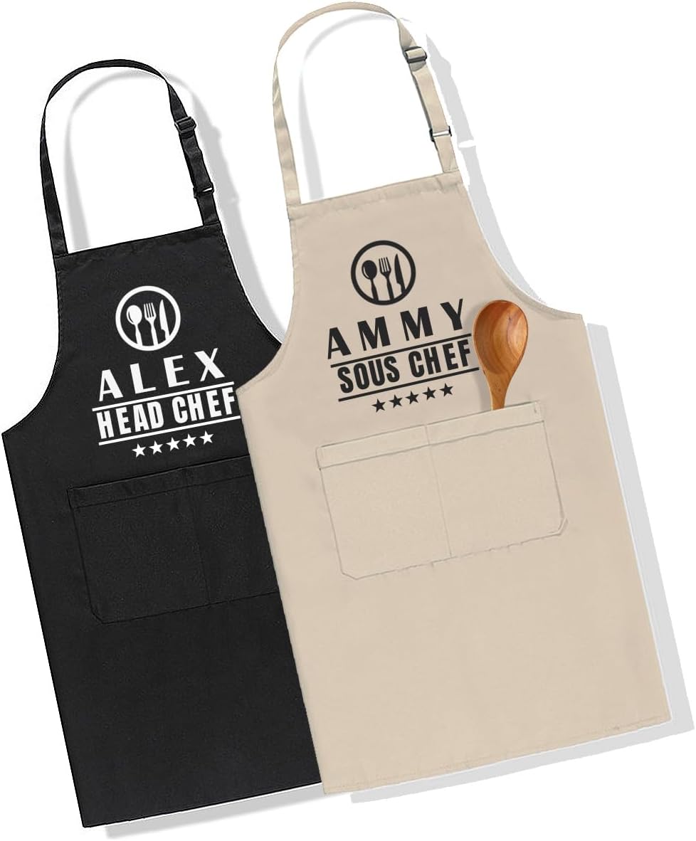 Personalized Chef Aprons Custom Kitchen Apron with Photo Name Logo 2 Pockets Cooking Gift for Baking BBQ Grill Black