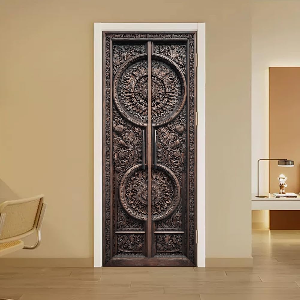 arricraft 2 Pcs Self-Adhesive Door Stickers, 31.5"x78.7" Carved Doors Pattern Door Murals Stickers PVC Doors Removable Wallpaper Decoration for Bedrooms Living Room Home Decoration