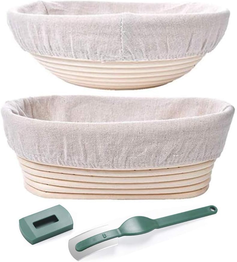 Bread Proofing Basket Set - 9" Round & 10" Oval Banneton Brotform Bread Dough Proofing Rising Rattan Basket Handmade Natural Rattan Bowl for Home Bakers with Cloth Liner Dough Scraper