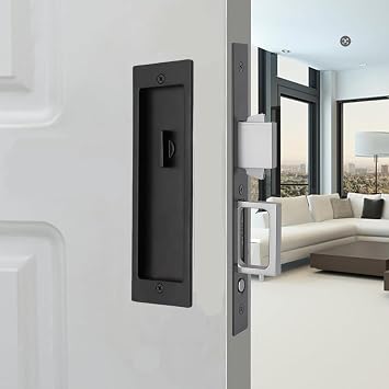 Pocket Door Lock Hardware with Pull,Invisible Sliding Door Lock Handle, Recessed Door Handle Lock for Furniture Hardware,keyless,Black