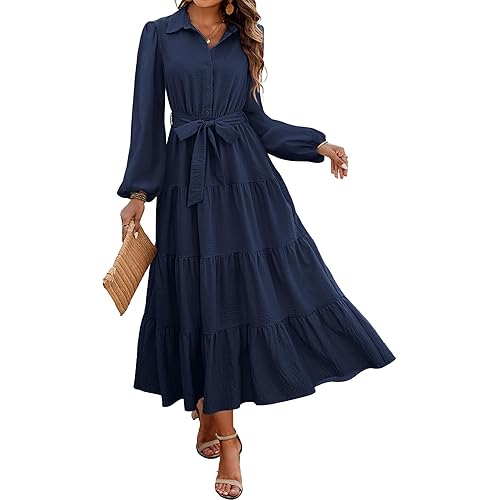 dowerme Women's Fall Dresses 2024 Long Sleeve V Neck Button Down Belted A-Line Flowy Ruffle Maxi Shirt Dress with Pocket