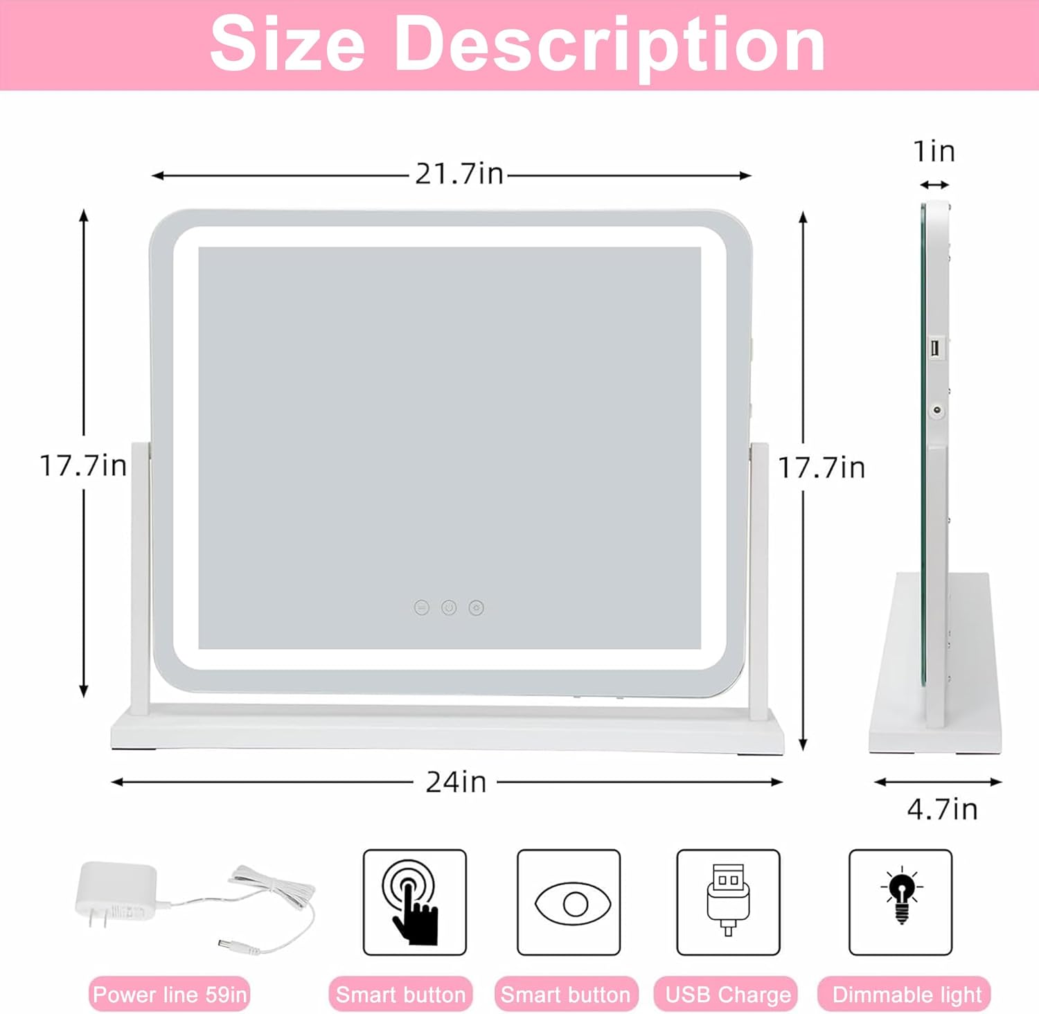 ライト付きバニティミラー、大型LEDメイクアップミラー、3色の調光ストリップライト、タッチコントロール、USB出力ポート、360&deg;回