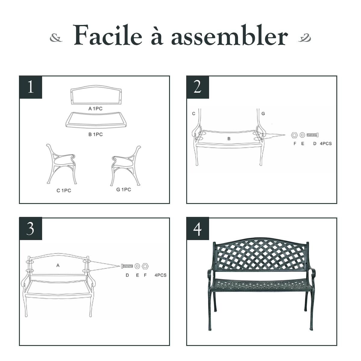 COSTWAY Banc de Jardin en Fonte d'Aluminium, Banc 2-3 Places avec Accoudoirs, Dossier et Design Ajouré, Charge Max 280KG, 103x64x83cm, pour Terrasse/Cour/Balcon/Pelouse/Parc