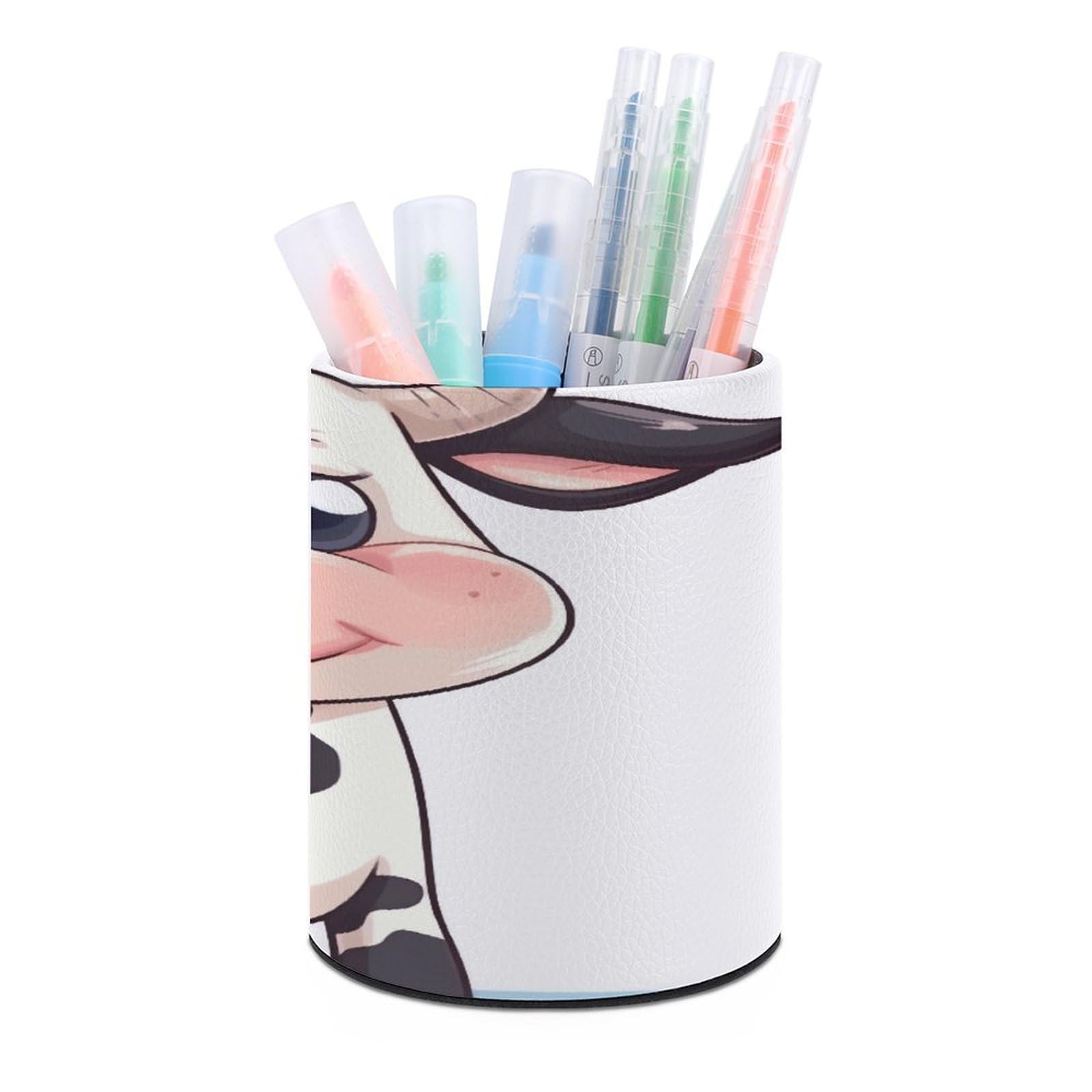JTREHY Cartoon Milk Cow Pen Holder Round Pen Pencil Holder Makeup Brush Holders Cup PU Leather Pencil Cups Desktop Caddy Stationery Organizer Case Office Accessories Container Box