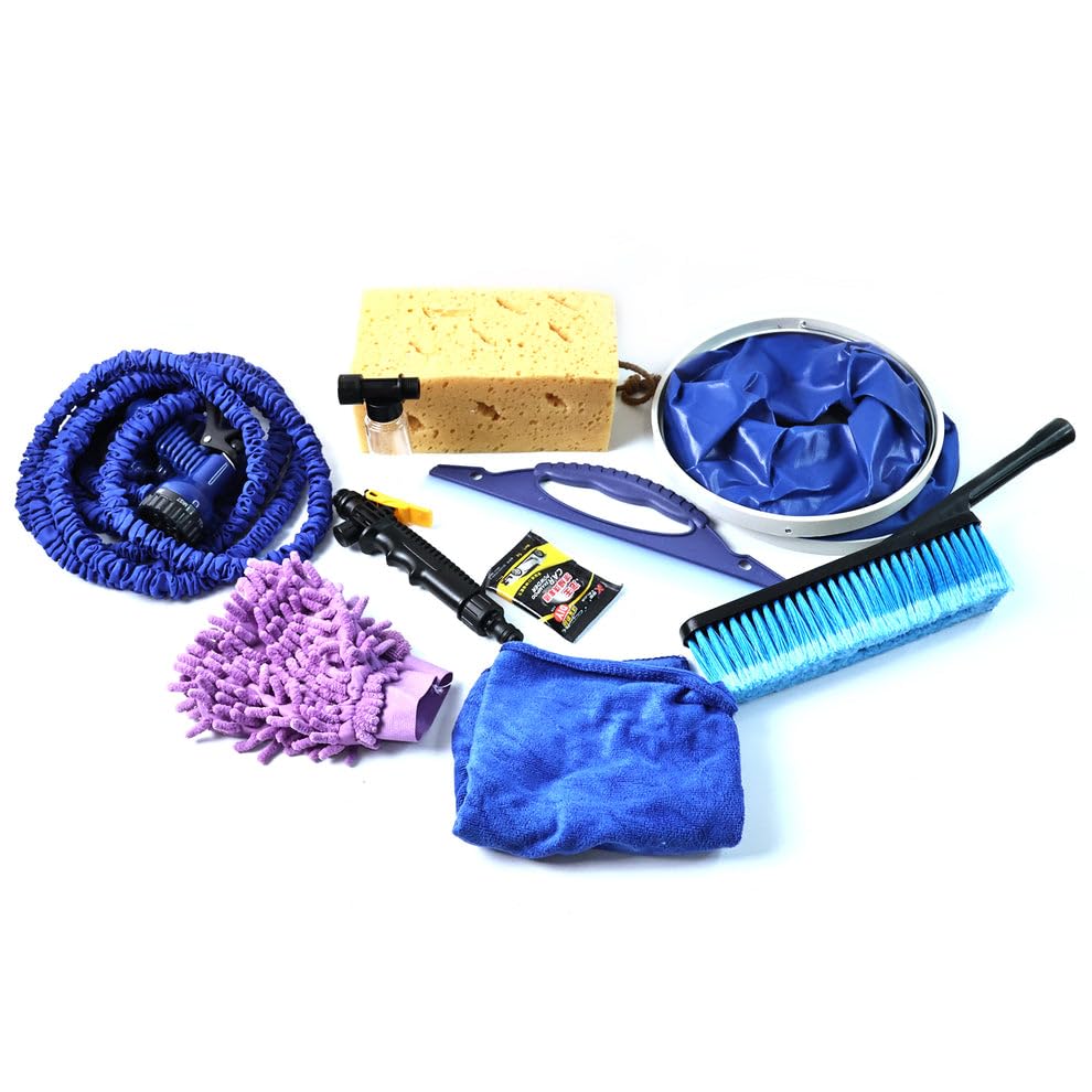 9-in-1 Car Washing Cleaning Kit with Expandable Hose Pipe & Spray Gun | Microfiber Cloth, Wash Mitt, Sponge, Squeegee, Brush, Collapsible Bucket & Car Shampoo | Complete Car Care Accessories Set-image-47