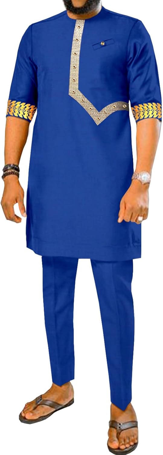 Men Tracksuit African Clothes Dashiki Embroidery Short Sleeve Shirt and Pants 2 Piece Set Dashiki Outfits