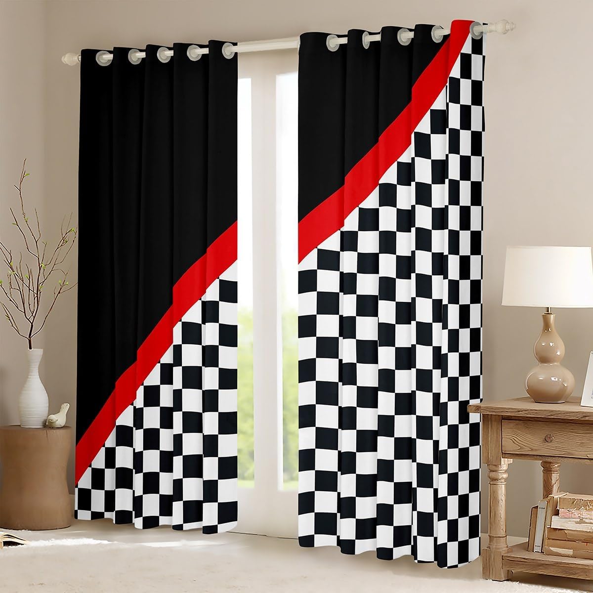 Homewish Race Car Window Curtain,Black White Checkered Grid Blackout Window Curtains for Girls Boys,Racing Themed Red Stripes Geometric Window Treatment Curtains for Living Room, 38Wx45L inch