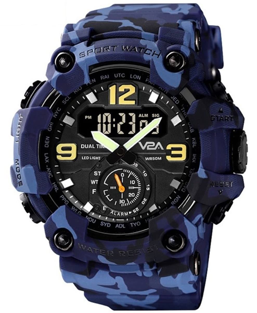 V2AAnalogue - Digital Men's Watch (Green Dial Green Colored Strap), Camo-Blue, Classic